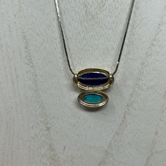 Vintage Oval Shape Turquoise & Lapis 925 Sterling Silver Necklace Size 3/4 inch - Picture 6 of 11